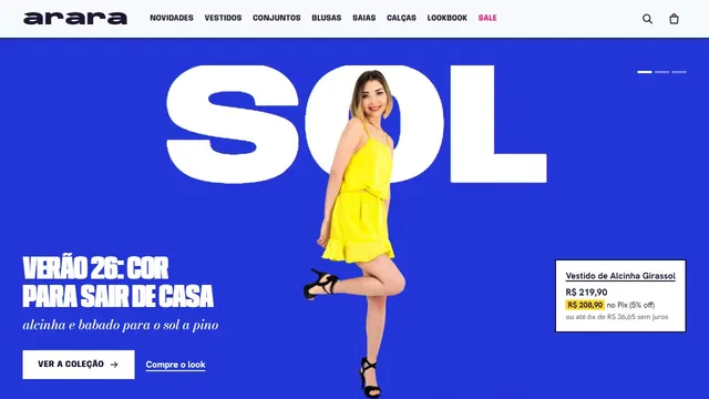 The Arara home page: a smiling model in a yellow ruffled sundress over a cobalt cover with the word SOL