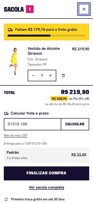 Arara's bag on a phone: the free-shipping bar, a sundress, the total with the Pix price and installments, and shipping by postcode