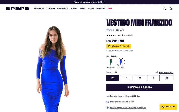 Arara's product page: a cobalt midi dress with the Pix price, six interest-free installments, two colors and the size guide