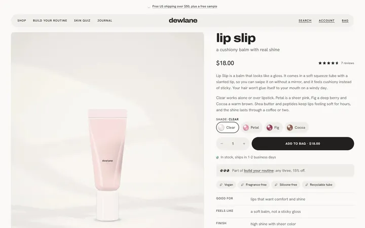 Dewlane's product page: a pink lip balm tube with four shades, the routine offer and what it is good for