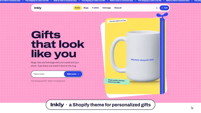 The Inkly demo store's home page: a mug with a customer's text printed on it